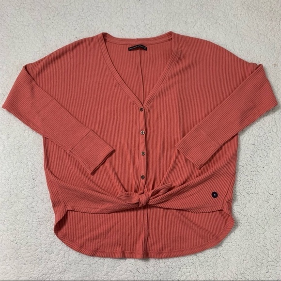 Abercrombie & Fitch NWOT Ribbed Tie Waist V-neck Top Color Light Mauve - Picture 2 of 7